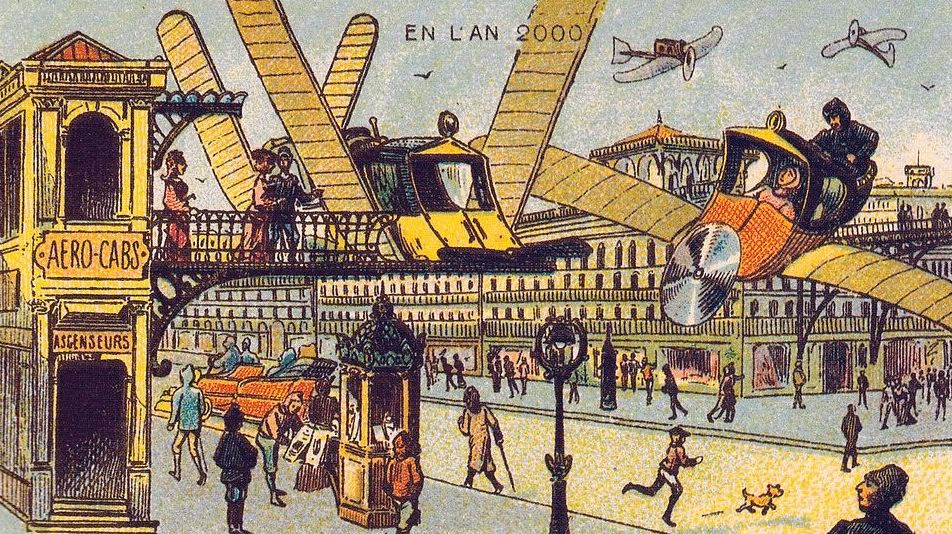 Anlässlich der Weltausstellung in Paris im Jahre 1900 ­zeichneten Küstler ihre optimistischen Zukunfts­versionen für das Jahr 2000. Die Bilder erschienen ­als Beilage in Zigarettenschachteln und wurden später beliebte Postkartenmotive.
