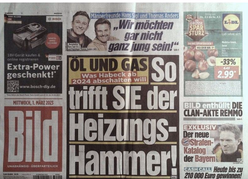 Bild Zeitung, Mittwoch, der 1. März 2023